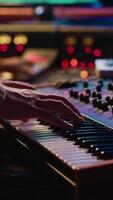 Vertical Skilled artist playing piano electronic keyboard in control room, recording new tracks with midi controller and mixing console. Young musician practicing on synthesizer in record studio. Camera A. video