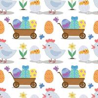 Seamless pattern with chicken, egg, flowers, egg cart, butterflies. illustration for Easter. vector