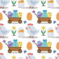 Seamless pattern with chicken, egg, flowers, egg cart, butterflies. illustration for Easter. vector