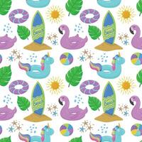 Various products for the beach and recreation. An inflatable swimming circle with a blue unicorn, flamingo, palm tree, camera, sun and waves. Seamless drawing on summer and marine themes. vector