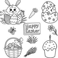 A set of Easter illustrations. Cute children's drawings for Easter. A set of illustrations with an Easter bunny, flowers, butterflies, carrots, a basket of eggs, a cake and a willow. outline vector