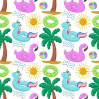 Various items for the beach and recreation. Inflatable swimming circle with blue unicorn, flamingo, palm tree, sun and waves. Seamless pattern on summer and marine themes. vector