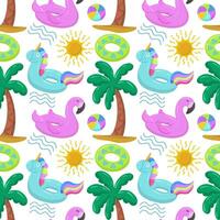 Various items for the beach and recreation. Inflatable swimming circle with blue unicorn, flamingo, palm tree, sun and waves. Seamless pattern on summer and marine themes. vector