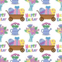 Seamless pattern with a cart with eggs, flowers, a bouquet of flowers, a watering can with flowers. illustration for Easter. vector