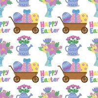 Seamless pattern with a cart with eggs, flowers, a bouquet of flowers, a watering can with flowers. illustration for Easter. vector