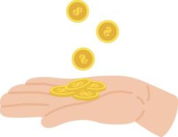 A hand with coins. An illustration of the concept of money, business or salary with a cartoon visualization of a hand into which coins fall, highlighted on a white background. illustration vector