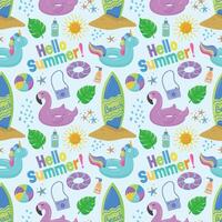 Various products for the beach and recreation. An inflatable swimming circle with a blue unicorn, flamingo, palm tree, camera, sun and waves. Seamless drawing on summer and marine themes. vector