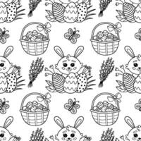 Seamless pattern with flowers, willow, basket with eggs and rabbits for Easter, illustration. Easter pattern with rabbit, butterfly, eggs, cake. vector