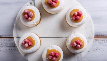 The white cake is topped with pink rasberries on an marble white board, topped with caramel sauce and powdered sugar on the blue pastel background photo