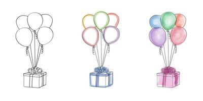 A drawing portraying colorful balloons floating next to a gift box. The balloons are of various sizes and colors, while the gift box is beautifully wrapped with a bow vector