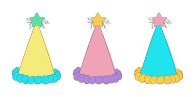 Three colorful party hats with star-shaped toppers. The hats are ready for a festive celebration and are decorated with vibrant colors vector