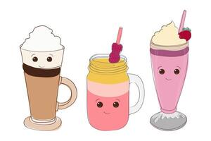 Three drinks are depicted, each with a distinct emoticon face drawn on them. The drinks appear to be expressing different emotions or personalities through their facial features vector