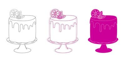 Three cakes with distinct toppings are displayed in this drawing. Cakes are artistically illustrated vector