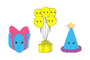 A festive birthday card featuring colorful emoticon balloons, a wrapped gift box, and a shiny star against a bright background. The balloons are floating, the emoticon gift box is ribbon-tied vector