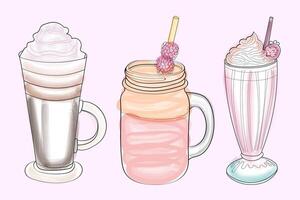 Each in a separate glass, three beverages are displayed on a bright pink surface. The drinks vary in color and type, adding visual interest to the composition vector