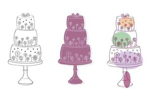 The drawing depicts a detailed three-tiered cake with intricate decorations, including frosting, flowers, and delicate piping. Each tier is adorned with different designs vector