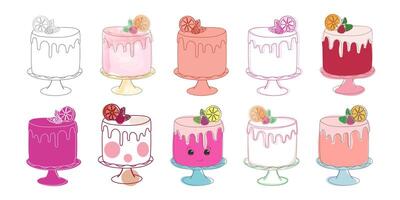 Various types of cakes are displayed on a clean, white background. The cakes vary in flavors, shapes, and decorations, creating a colorful and appetizing array of desserts vector