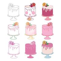 Various types of cakes are arranged neatly on a white background. Each cake differs in flavor, decoration, and size, creating an appealing display of delicious treats vector