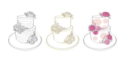 A hand-drawn illustration showcasing three distinct types of cakes, each with unique decorations and layers. The cakes are placed side by side, emphasizing their differences in design and flavor vector