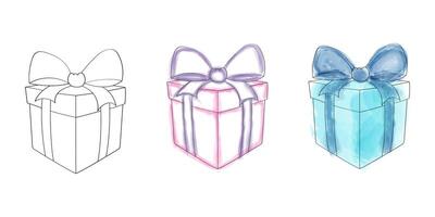 Three boxes of varying colors, each adorned with a vibrant bow on top. The boxes are neatly arranged, showcasing the different hues and sizes vector