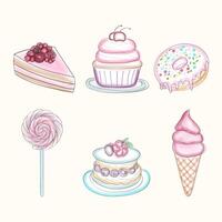 The drawing features a variety of cakes and desserts, showcasing different types such as cupcakes, tarts, pies, and pastries in a colorful and detailed illustration vector