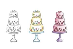 A drawing featuring three distinct types of cakes, each showcasing unique designs and decorations. The cakes vary in size, shape, and toppings, highlighting the diversity in cake making vector