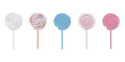 A row of colorful lollipops are arranged on top of each other, creating a vertical stack. The candies vary in flavor and are displayed in a neat and orderly fashion vector