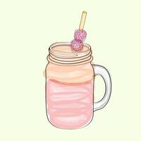 A mason jar filled with a fruity smoothie, topped with a vibrant raspberry and a straw. The watercolor illustration captures the freshness and simplicity of this drink vector