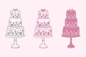 Three elaborately decorated tiered cakes are placed on a table, showcasing different designs and flavors. The cakes are carefully crafted with layers of frosting and intricate details vector