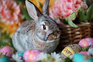 Adorable grey rabbit surrounded by painted Easter eggs and spring flowers, evoking Easter happiness photo