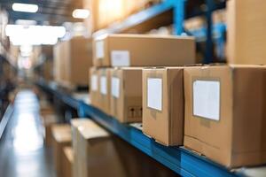 Shelves lined with boxes in a distribution center photo