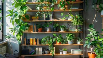 Modern wooden bookshelf with plants in interior photo