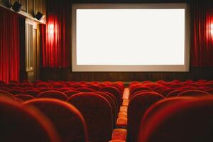 Empty cinema interior with red seats and white screen photo