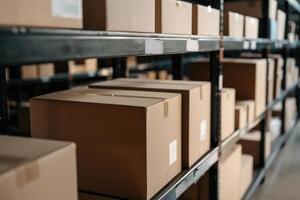 Shelves lined with boxes in a distribution center photo