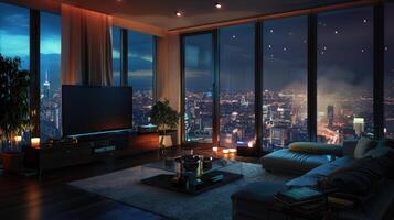 Realistic living room at night with a cityscape view photo