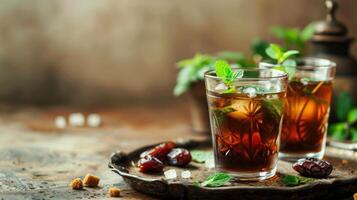 Moroccan tea in traditional glasses with mint, dates and sugar photo