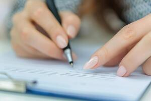 Close up of a female hand holding a pen and filling in form photo