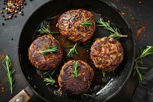 Organic beef hamburger patties with spices in a frying pan. Top view. photo