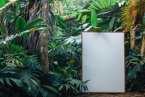 Blank billboard in a lush green jungle setting photo