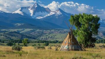 Tent with mountains in background. photo