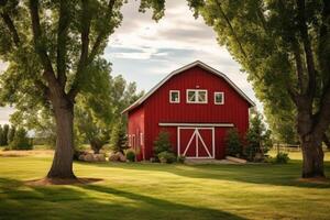 Red barn on farm landscape photo