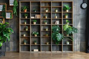 Modern wooden bookshelf with plants in interior photo