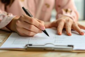 Close up of a female hand holding a pen and filling in form photo