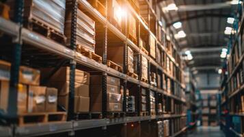 Shelves lined with boxes in a distribution center photo