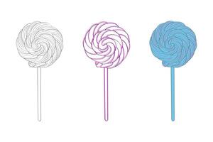 Three lollipops of different colors red, blue, and white are placed on a plain white background. The lollipops are standing upright, showcasing their vibrant and contrasting hues vector