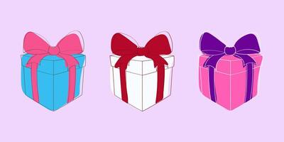 Three vibrant boxes in red, blue, and white colors, each adorned with a festive bow on top, are neatly arranged in a row vector