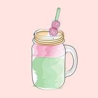 A mason jar filled with a smoothie, topped with a raspberry and a straw sticking out of it. The background is plain and simple vector