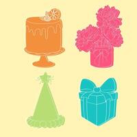 A decorative cake, a colorful gift box, and a vase of fresh flowers are arranged neatly on a bright yellow background vector