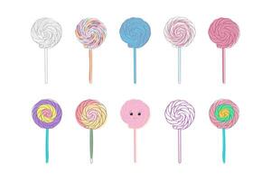 Colorful lollipops are placed on top of each other in a vertical stack. Each sweet treat stands out with its unique shape and vibrant hue, creating a visually appealing composition vector