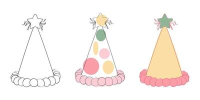 Three colorful party hats are displayed with a star on top of each. The hats are placed side by side on a flat surface, creating a cheerful and festive scene vector